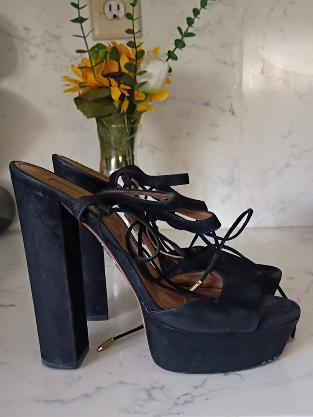 Aquazzura Women’s Black Suede Platform Lace-Up Heels